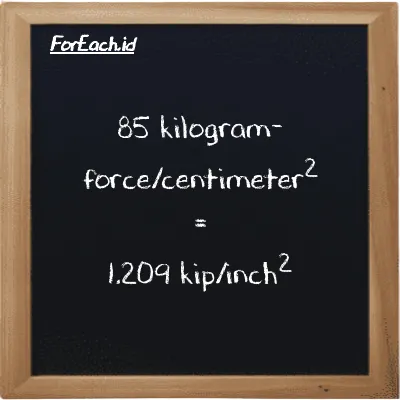 85 kilogram-force/centimeter<sup>2</sup> is equivalent to 1.209 kip/inch<sup>2</sup> (85 kgf/cm<sup>2</sup> is equivalent to 1.209 ksi)
